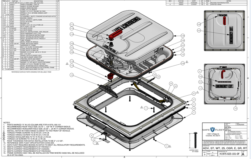 (ETA 5-6 weeks to ship) H1975-025-101-0F OLD NUMBER T1075-028-001-9  Transpec T1075 Bus Shuttle Vent Emergency Exit Hatch CURVED ROOF Low Profile